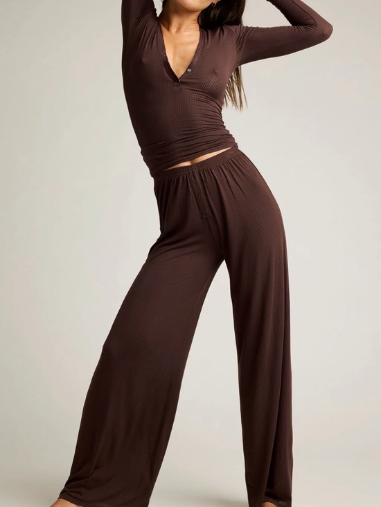 Negative Underwear Other - Negative Underwear Ribbed Long Sleeve Henley Pajama Set in Chocolate Brown